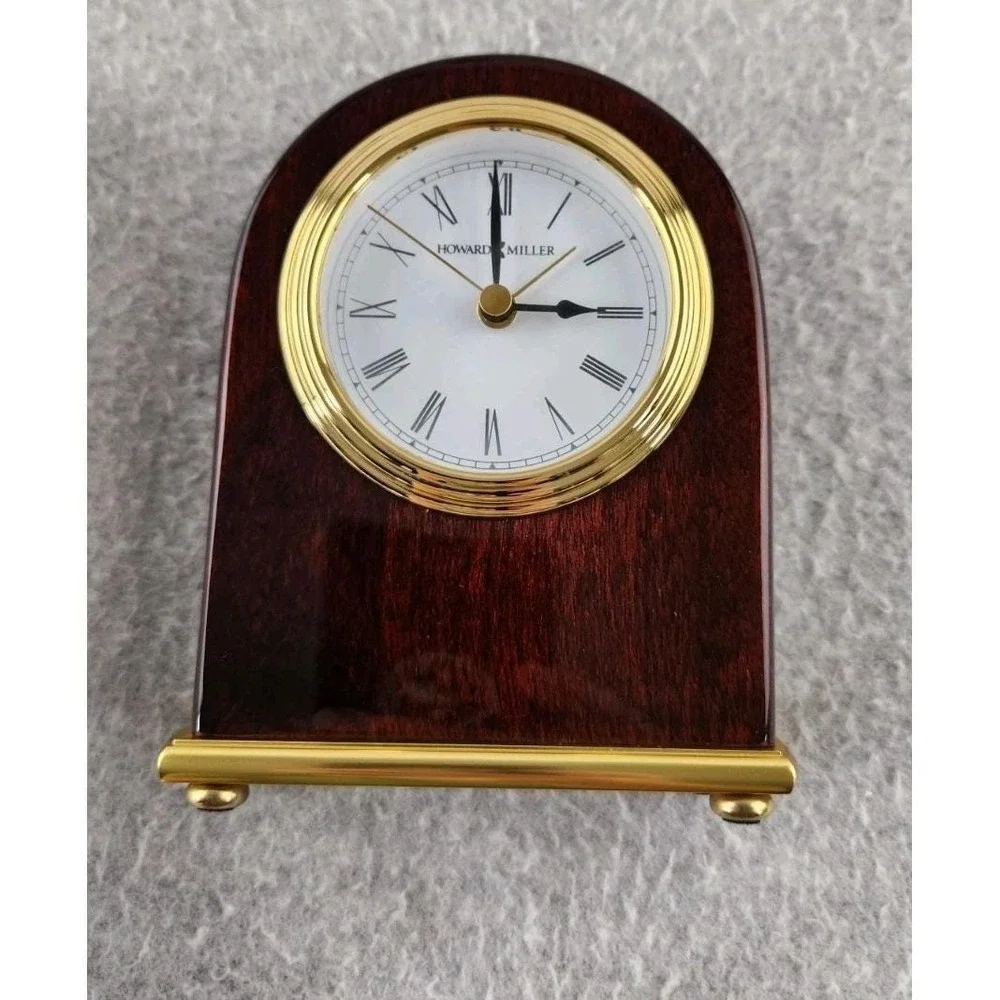 Vtg Howard Miller Desk Alarm Clock Mahogany Wood Grain Look Brass Table Battery